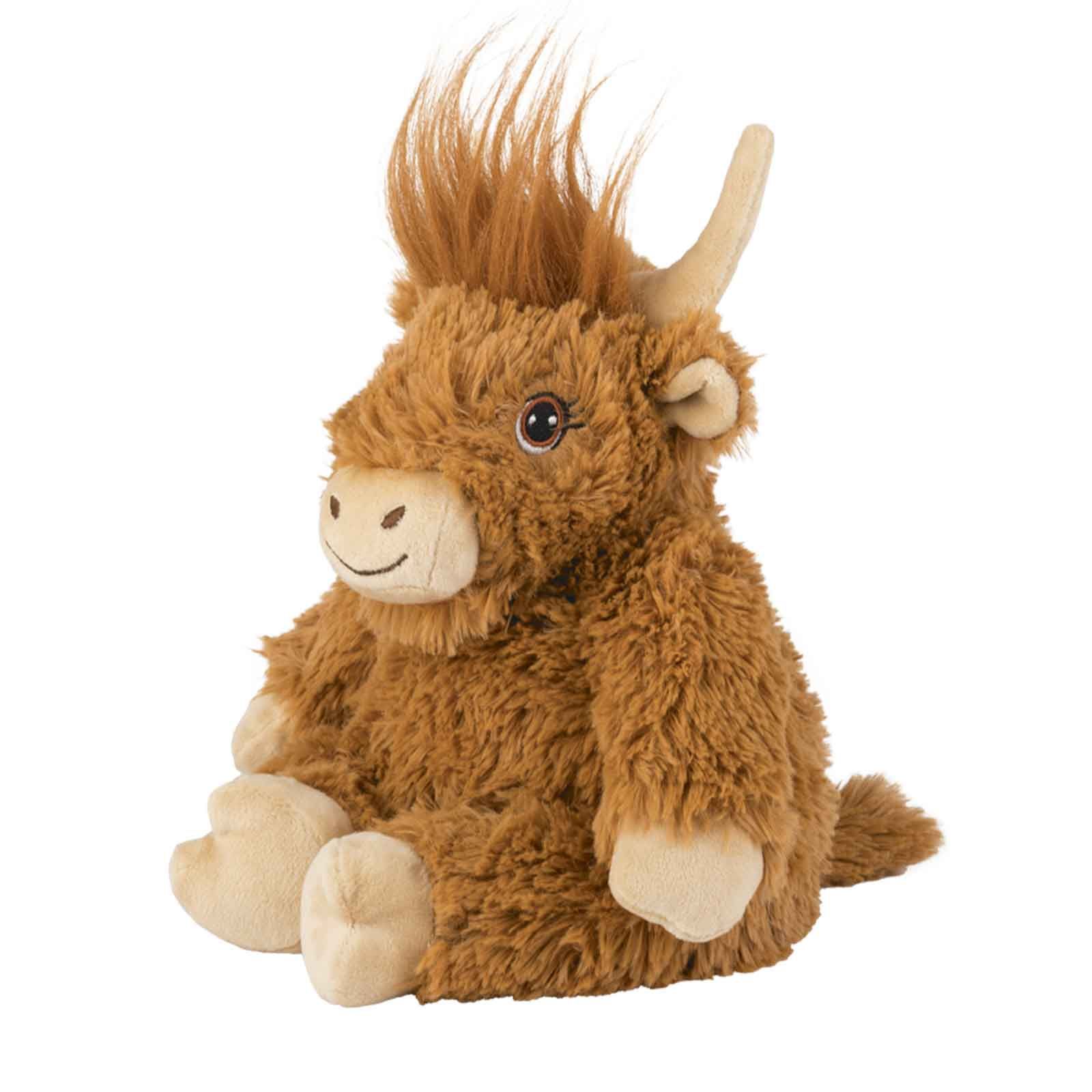 Plüschtier Hochlandrind, braunes Fell, Hörner, sitzt. Augen und Gesichtselemente aufgenäht.