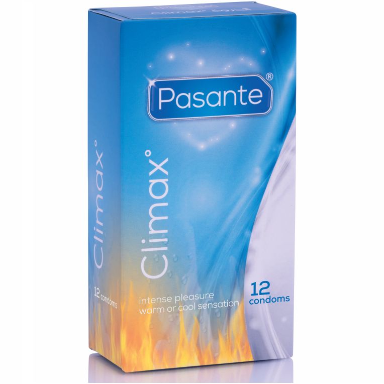 Pasante Climax Packung mit 12 Kondomen. Aufschrift: intense pleasure, warm or cool sensation.