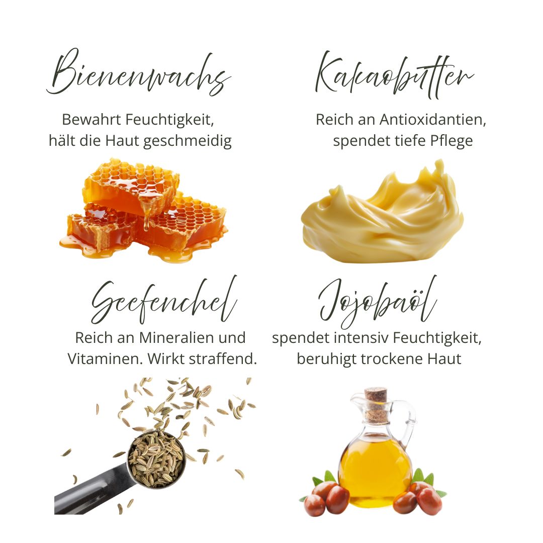 Vier Bilder zeigen Inhaltsstoffe: Bienenwachs, Kakaobutter, Seefenchel, Jojobaöl. Textbeschreibungen.