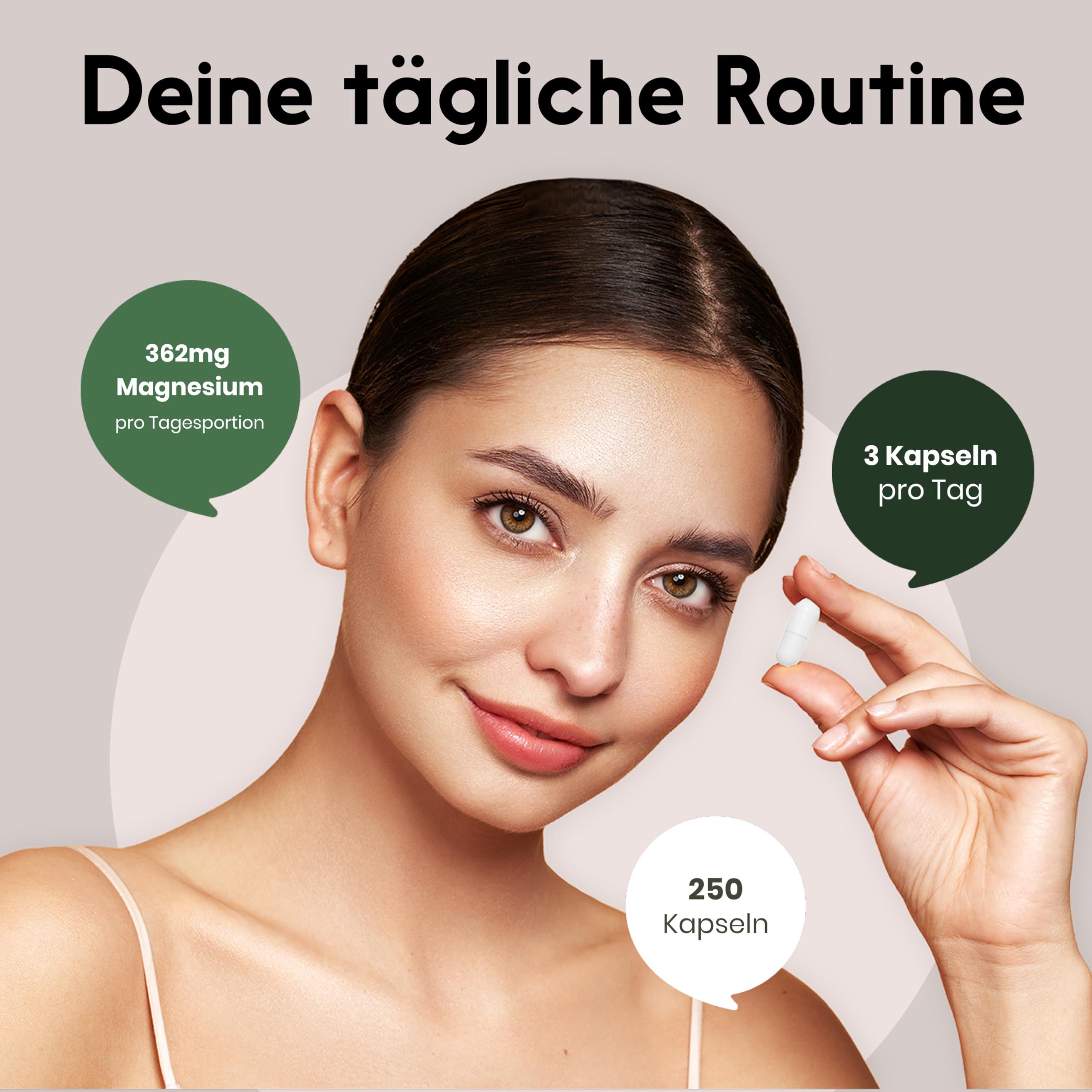 Frau hält Kapsel. Sprechblasen: 362mg Magnesium pro Tagesportion, 3 Kapseln pro Tag, 250 Kapseln.