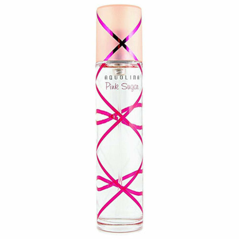 Aquolina Pink Sugar Eau de Toilette Spray. Transparente Flasche mit rosa Verzierungen und Deckel.