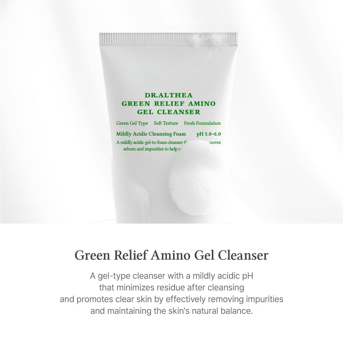 Weißes Tuben-Produkt. Aufschrift: Dr. Althea Green Relief Amino Gel Cleanser. Gel-Typ, pH 5.0-6.0. Text zur Reinigung.