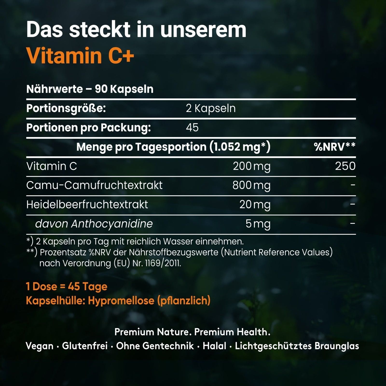 Nährwerttabelle für Vitamin C+ Kapseln. Angaben zu Vitamin C, Camu-Camu, Heidelbeere. 90 Kapseln pro Packung. Vegan, glutenfrei, ohne Gentechnik.