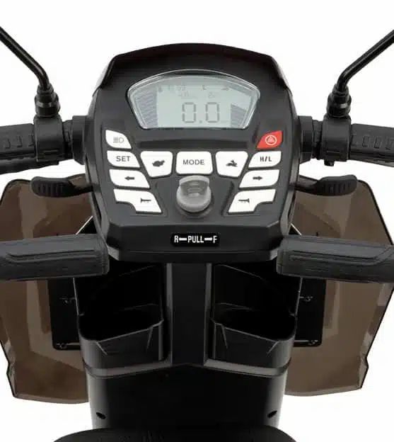 Nahaufnahme des Lenkers eines Elektromobils. Schwarzes Bedienfeld mit Knöpfen und Display.