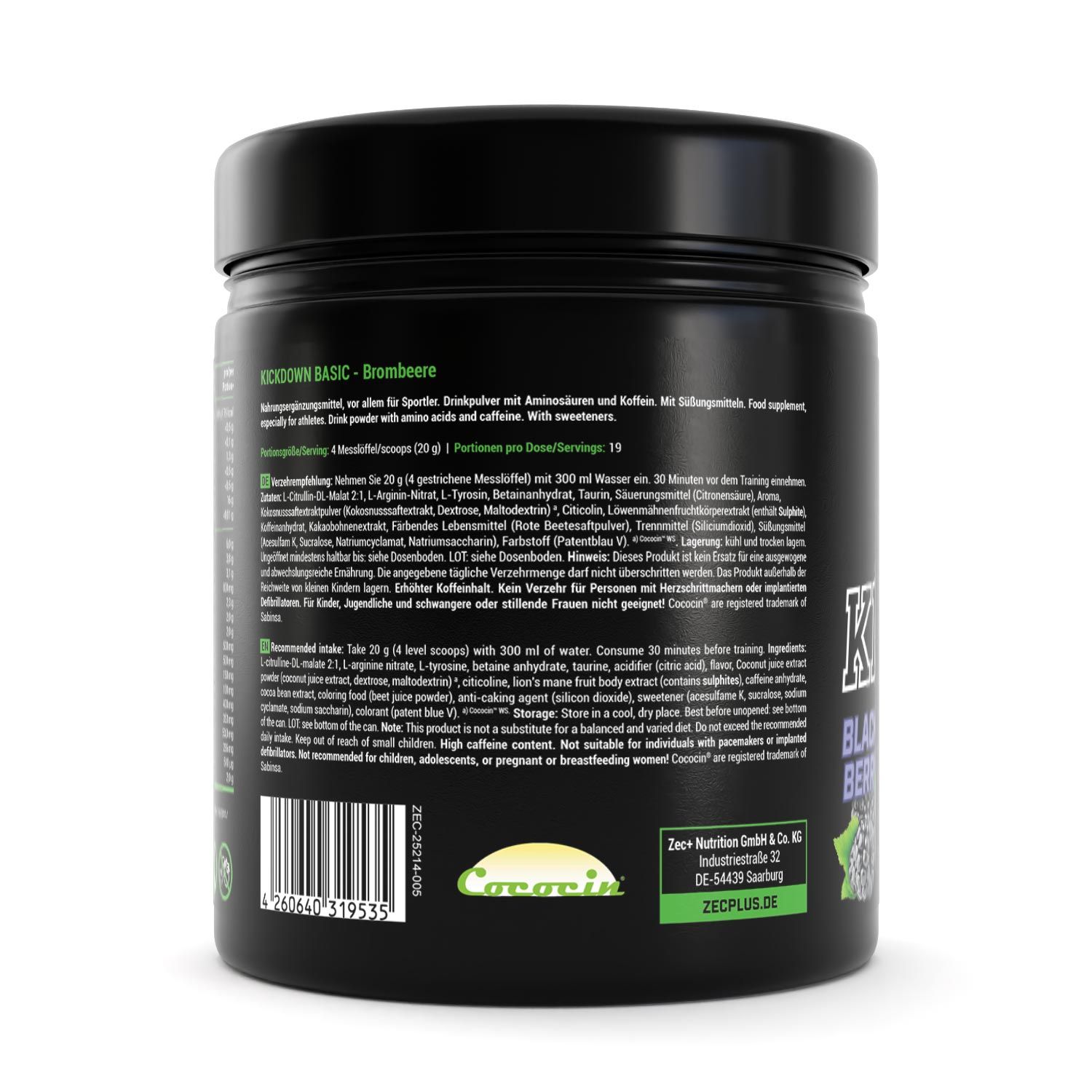 Rückseite der schwarzen Dose. Text mit Produktinformationen und Inhaltsstoffen. Brombeere-Illustration.