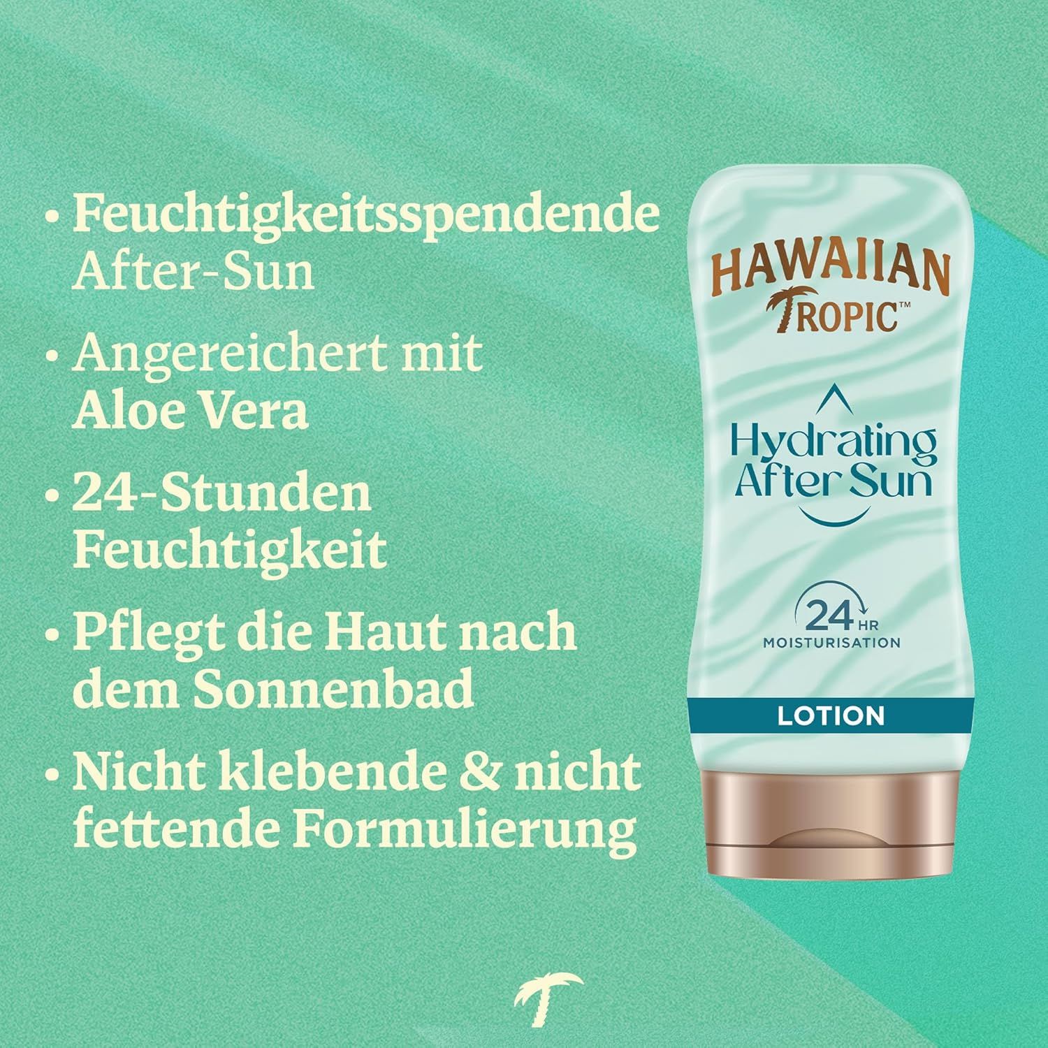 Hawaiian Tropic Hydrating After Sun Lotion. Produkt mit Text: Feuchtigkeitsspendend, Aloe Vera, 24h Feuchtigkeit, nicht fettend.