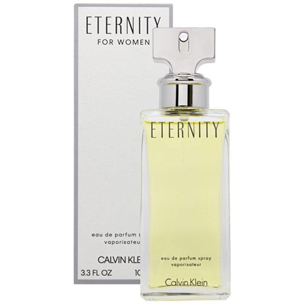 Parfümflasche und Verpackung. Aufschrift: Eternity for Women, eau de parfum spray, Calvin Klein.