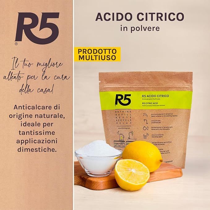 Beutel mit R5 Acido Citrico Polvere, Zitrone und Pulver in Schale. Produktetikett mit Text. Aufschrift: PRODOTTO MULTIUSO.