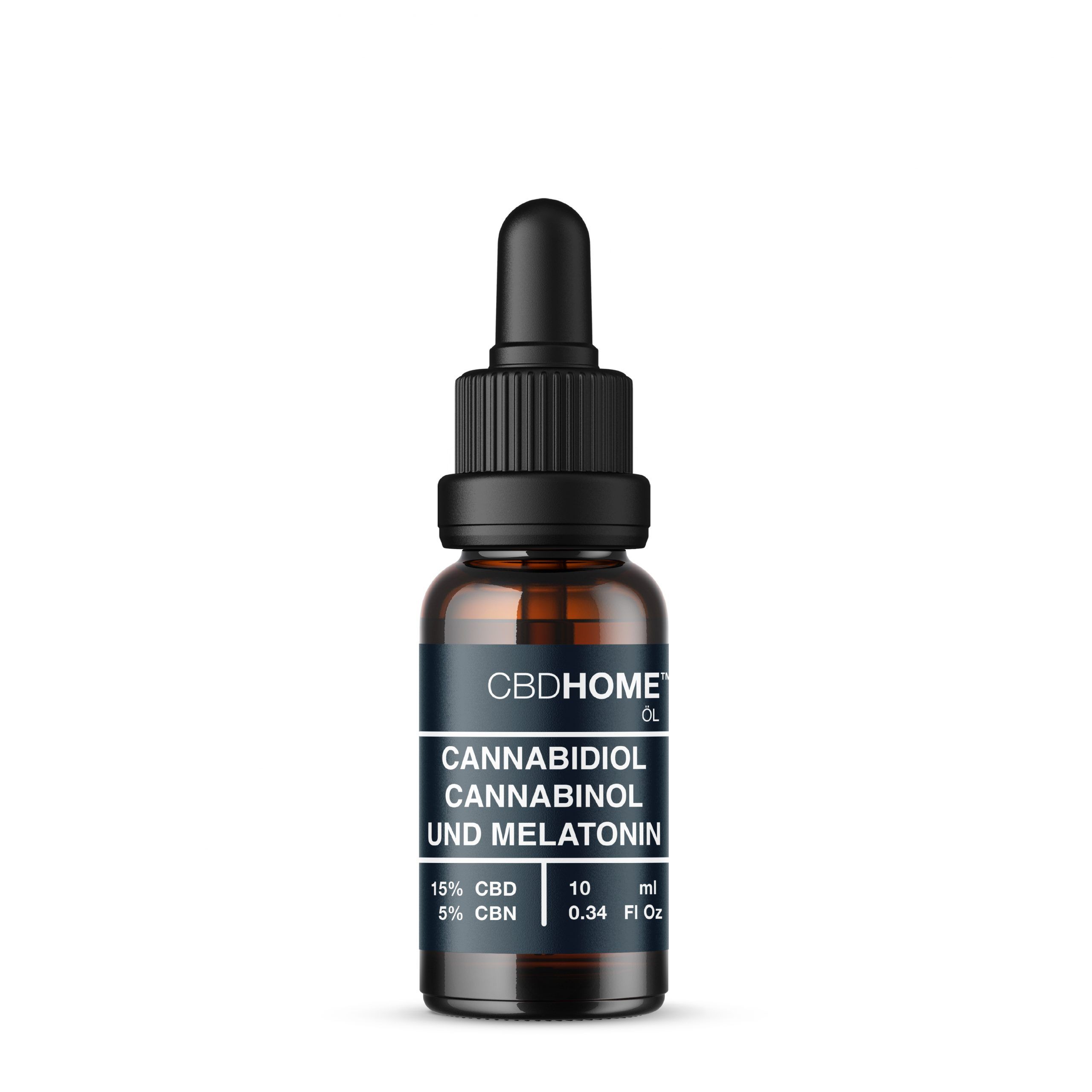 CBD HOME Ölflasche mit Pipette. Enthält 15% CBD, 5% CBN und Melatonin.