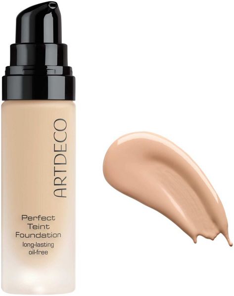 Artdeco Perfect Teint Foundation. Flasche mit Pumpe und Farbprobe. Lang anhaltend, ölfrei.