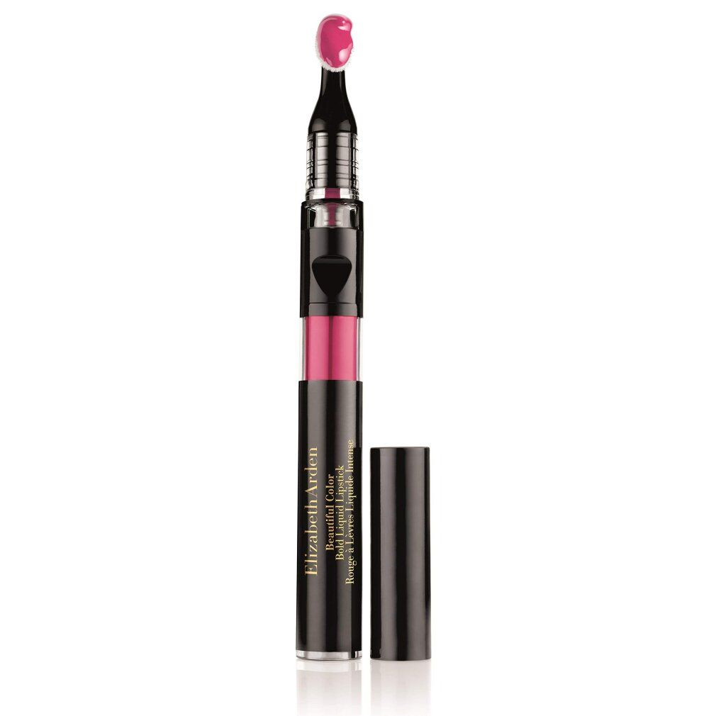 Flüssiger Lippenstift mit Applikator. Schwarze Hülse. Rosa Lippenstiftfarbe. Produktname sichtbar. Offene Kappe.