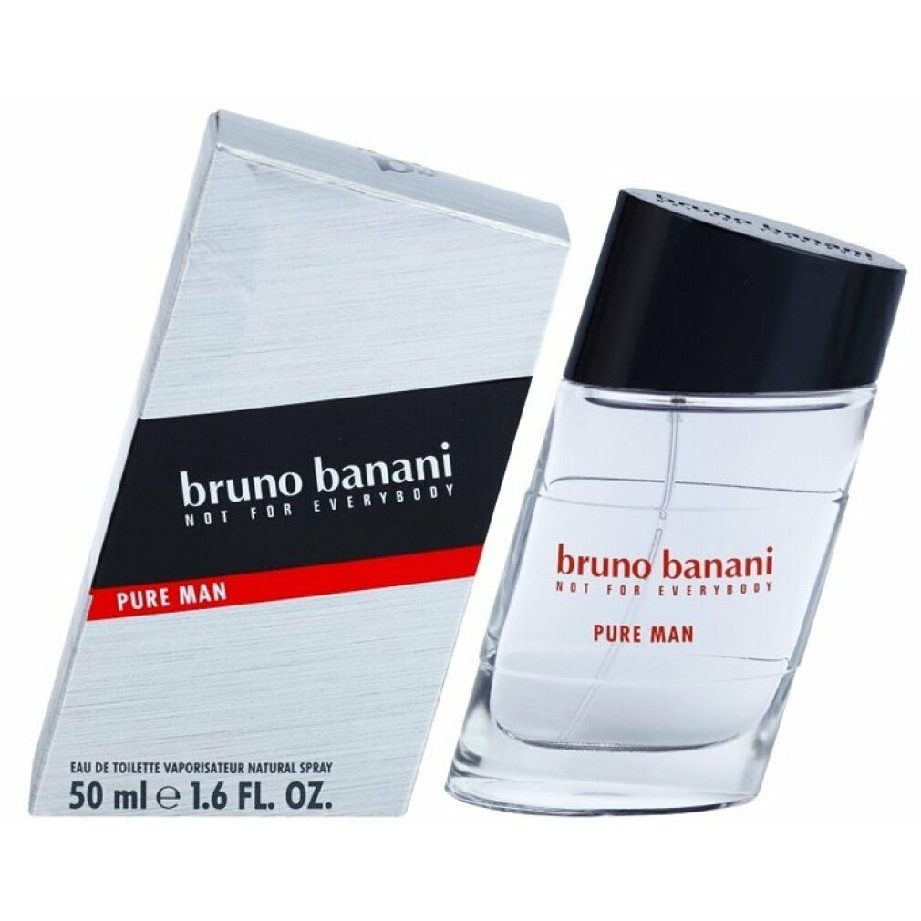 Schräg stehende Glasflasche mit schwarzem Deckel und Verpackung. Auf der Flasche steht "Bruno Banani Pure Man".