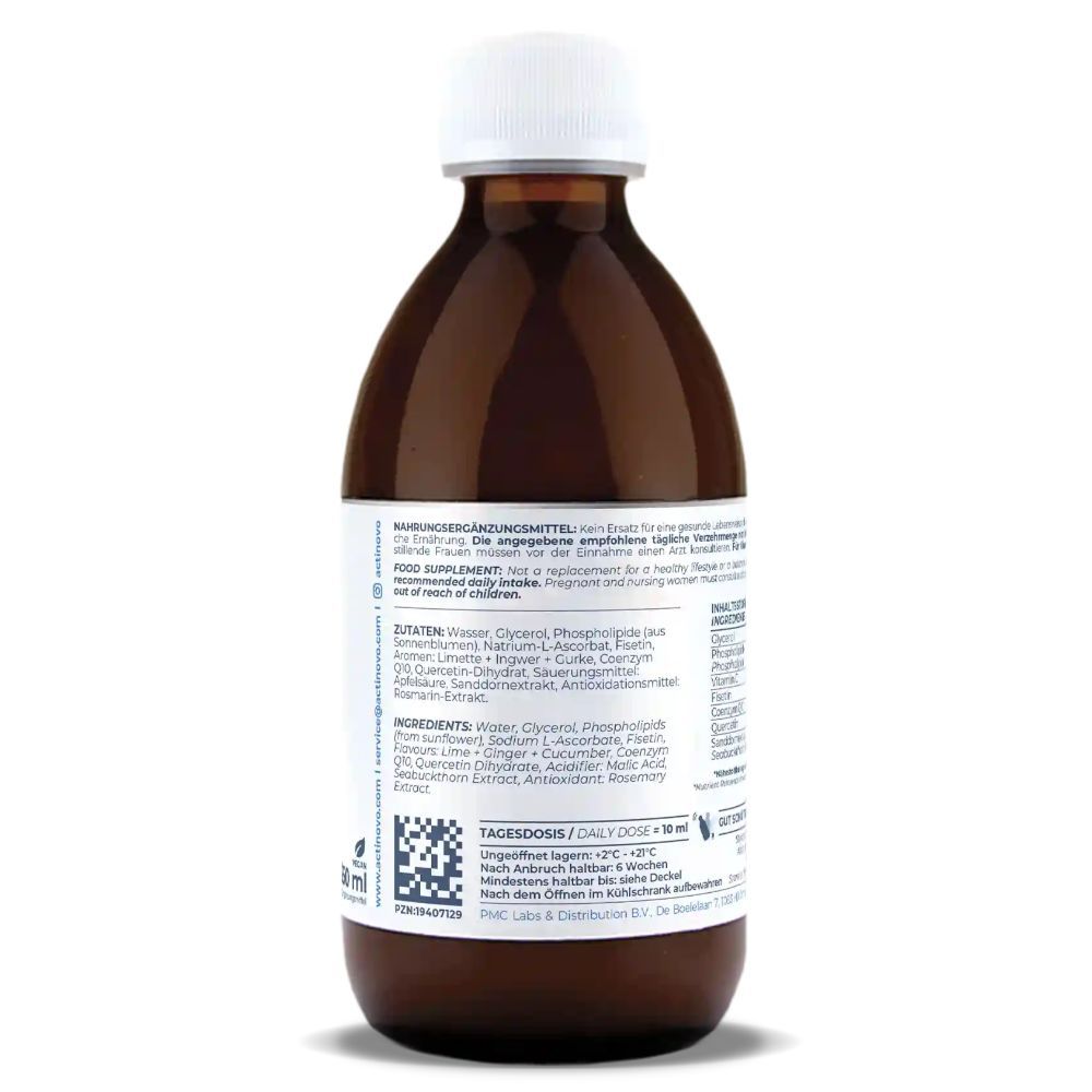 Rückseite einer braunen Glasflasche mit weißem Deckel. Text: Inhaltsstoffe, Tagesdosis, Herstellerinformationen und QR-Code.