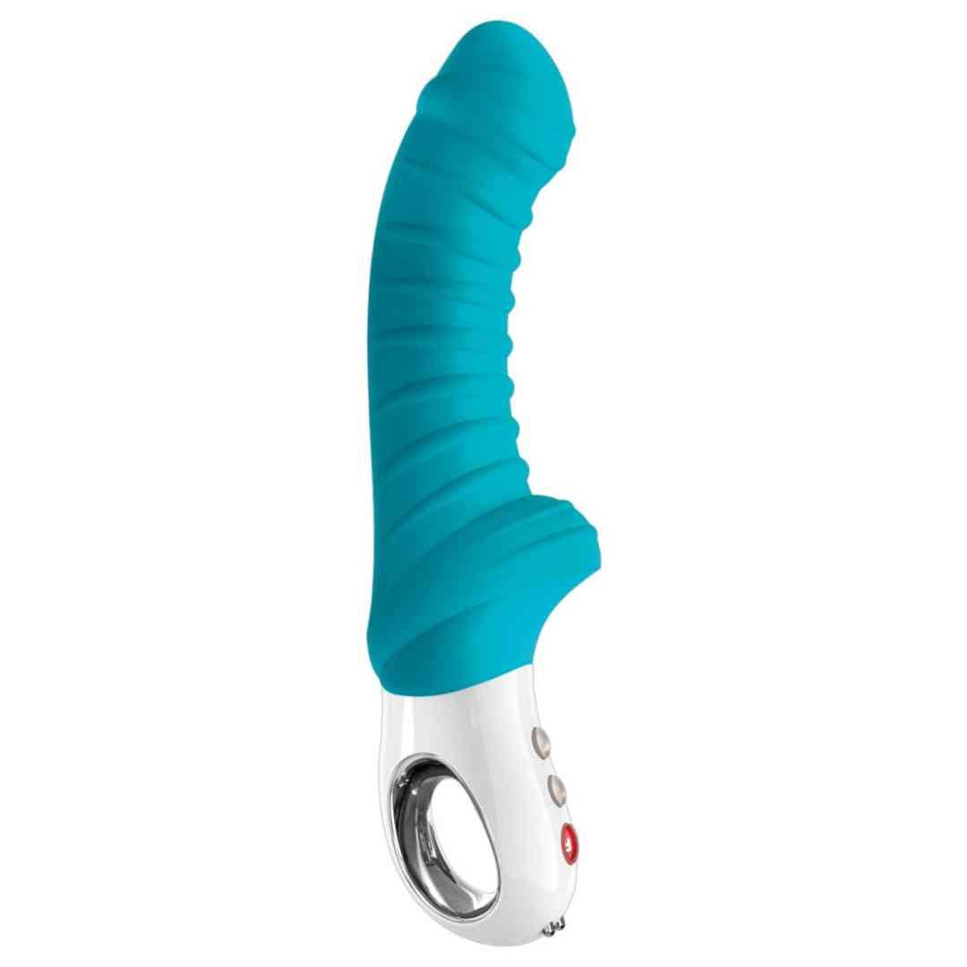 Blau-weißer Vibrator mit geriffelter Oberfläche und Bedienknöpfen. Ringförmige Öffnung am unteren Ende.