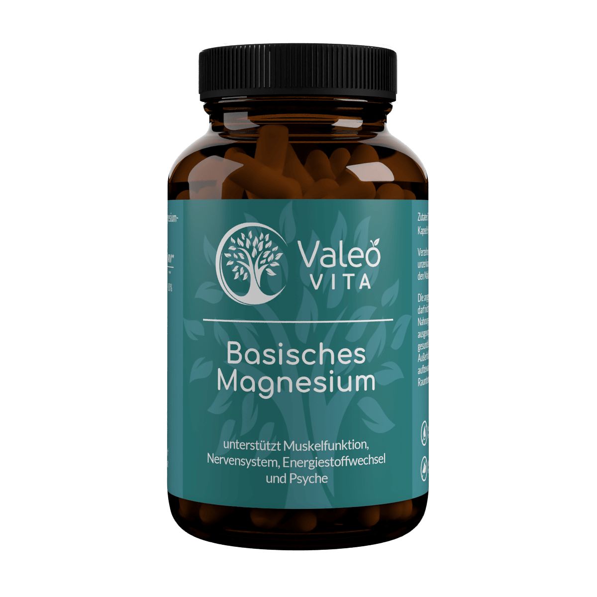 Braune Glasflasche mit Kapseln. Aufschrift: Valeo Vita Basisches Magnesium. Unterstützt Muskelfunktion, Nervensystem, Energiestoffwechsel und Psyche.