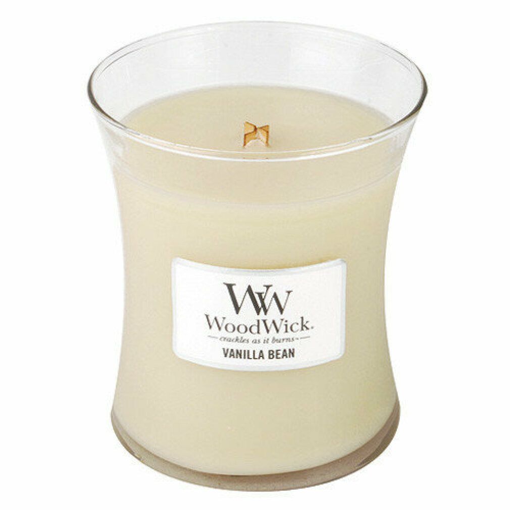 Sanduhrförmige Kerze ohne Deckel. Aufschrift: WoodWick, Vanilla Bean.