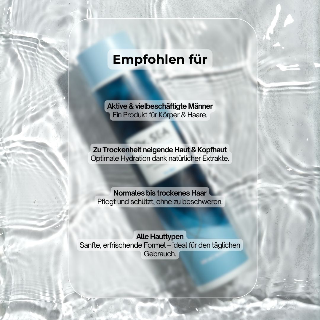 DR. SEA 3-in-1 Duschgel & Shampoo für Männer. Empfohlen für aktive Männer, trockene Haut, normales bis trockenes Haar und alle Hauttypen.