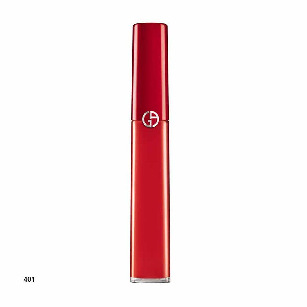 Roter Lipgloss-Behälter mit rotem Deckel. Silbernes Logo. Unten die Nummer 401.