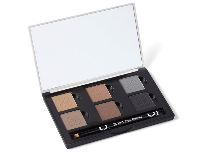 Palette mit sechs Augenbrauenpuderfarben in verschiedenen Farbtönen. Enthält einen Spiegel und einen Pinsel. Schwarze Verpackung.