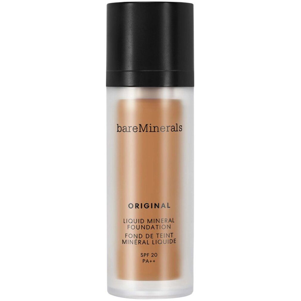 Flüssigfoundation in einer Flasche mit schwarzem Pumpverschluss. Aufschrift: ORIGINAL, Liquid Mineral Foundation, SPF 20, 24-neutral dunkel.