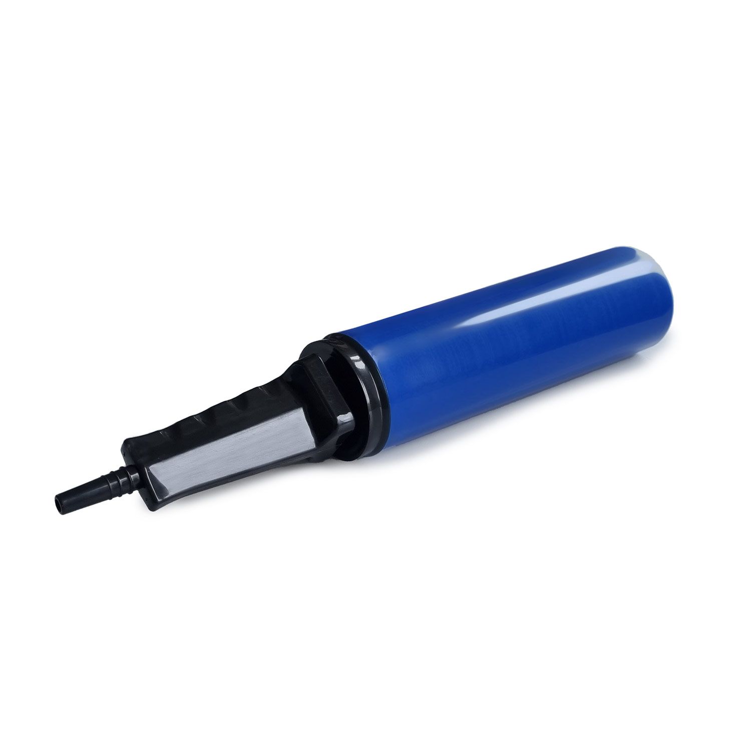 Blaue Luftpumpe mit schwarzem Griff. Zylindrische Form, diagonale Ansicht.