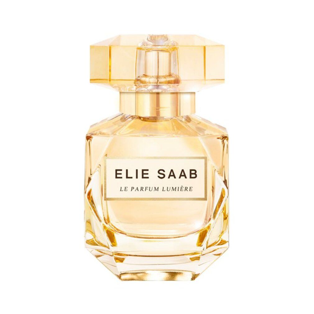 Elie Saab Le Parfum Lumiere Edp Spray. Goldfarbener Flakon mit goldfarbenem Deckel. Aufschrift auf dem Etikett.