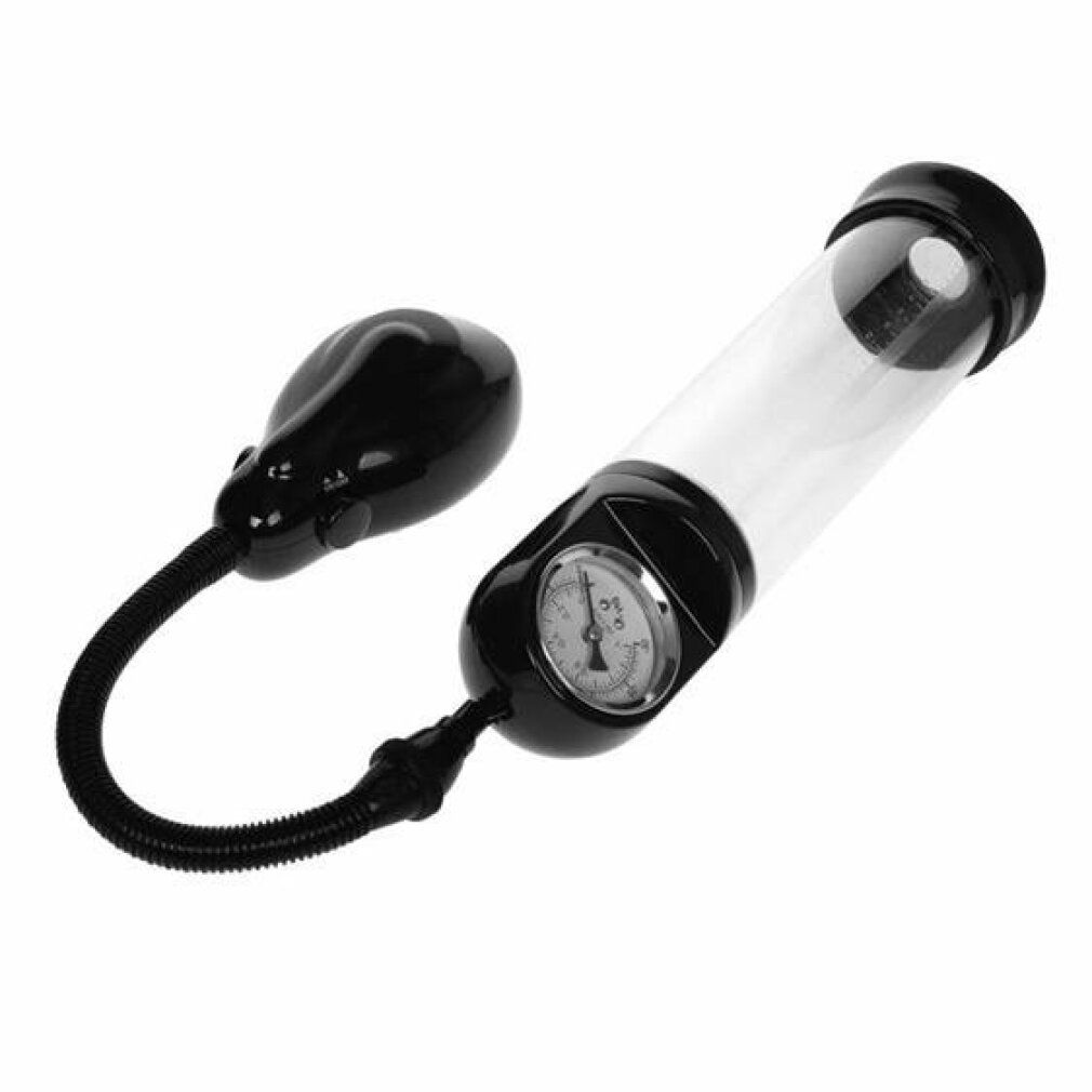 Penispumpe mit Zylinder, Manometer und Handpumpe, schräg von hinten.