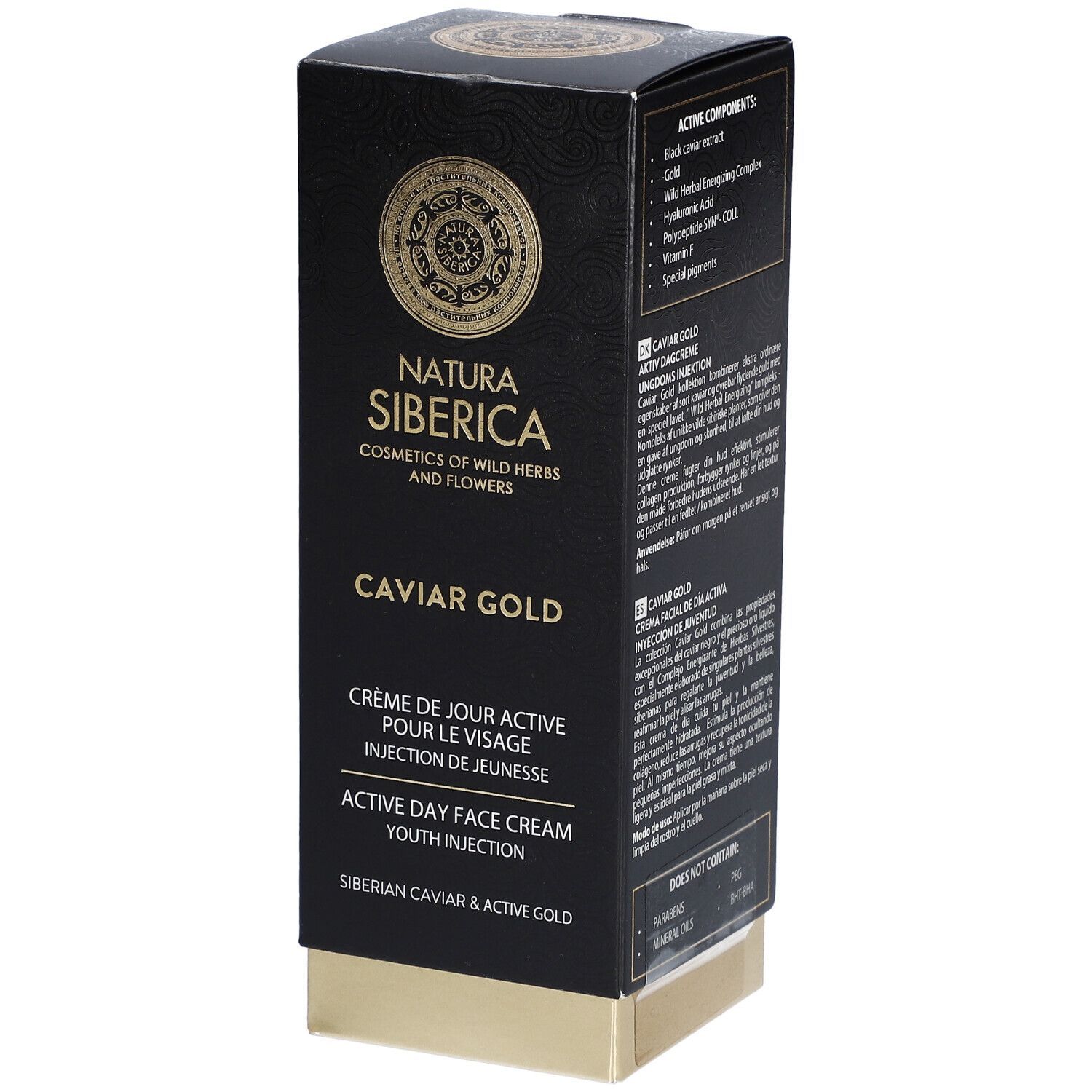 Boîte noire avec éléments dorés. Inscription: Natura Siberica, Caviar Gold, Crème de jour active.