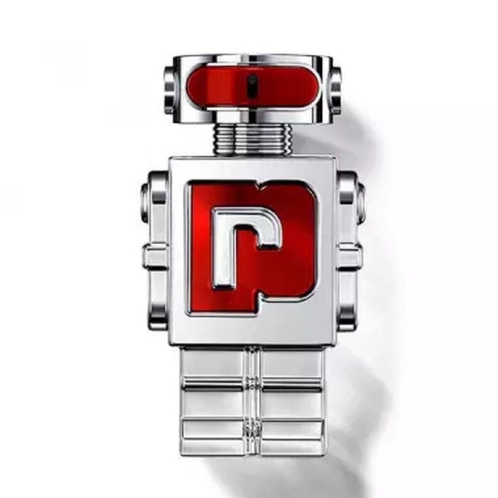 Silberfarbener Flakon in Roboterform mit rotem Akzent und rotem "P"-Logo. Oberteil mit rotem Element.