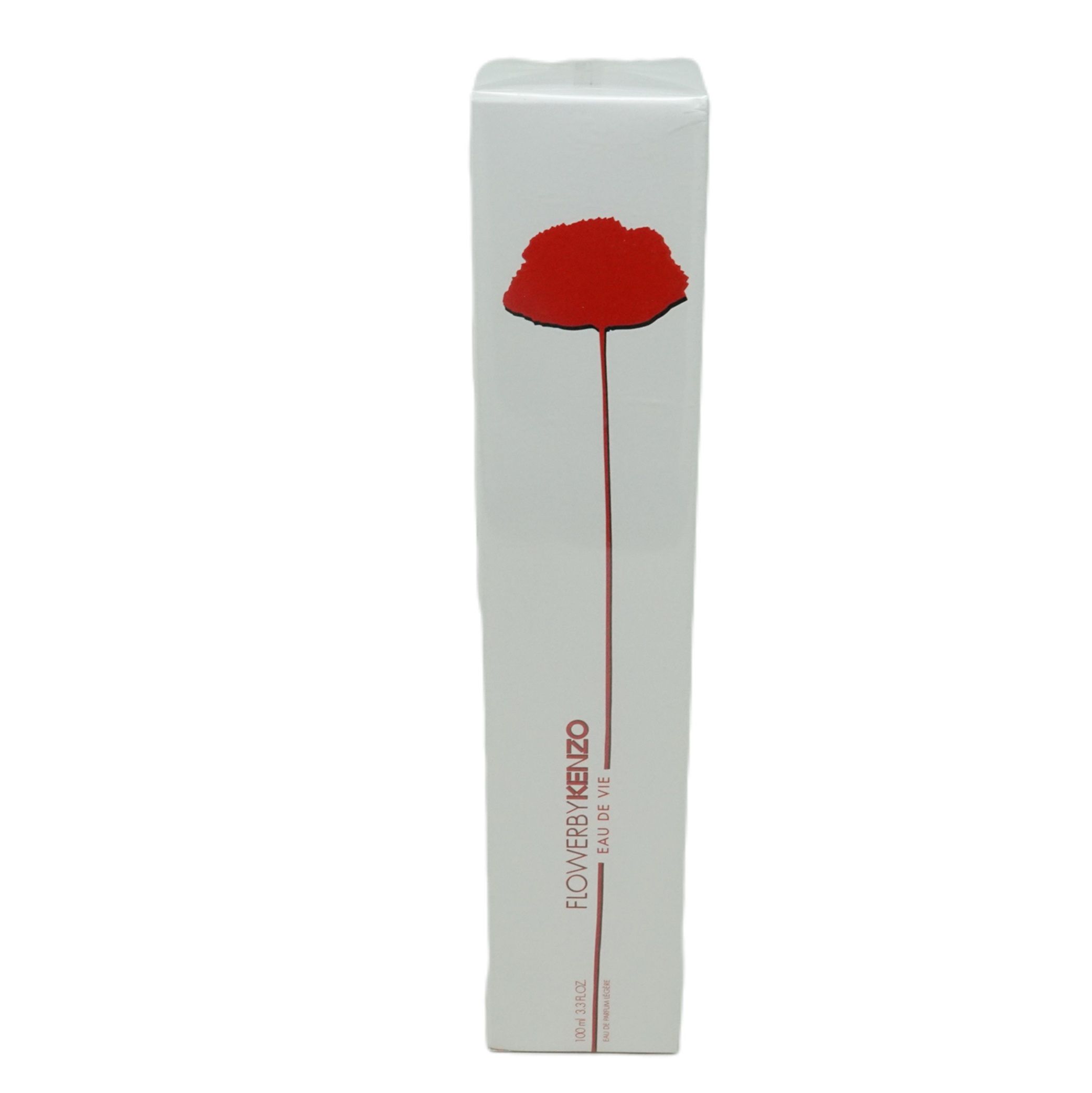 Weiße Verpackung mit roter Blume. Schriftzug: FLOWERBYKENZO Eau de Vie. Rechteckige Form.
