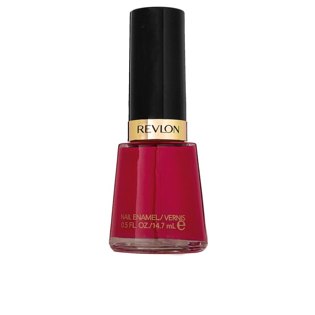 Rote Nagellackflasche mit schwarzem Deckel. Aufschrift: Revlon, Nail Enamel, 0.5 fl oz/14.7 mL.