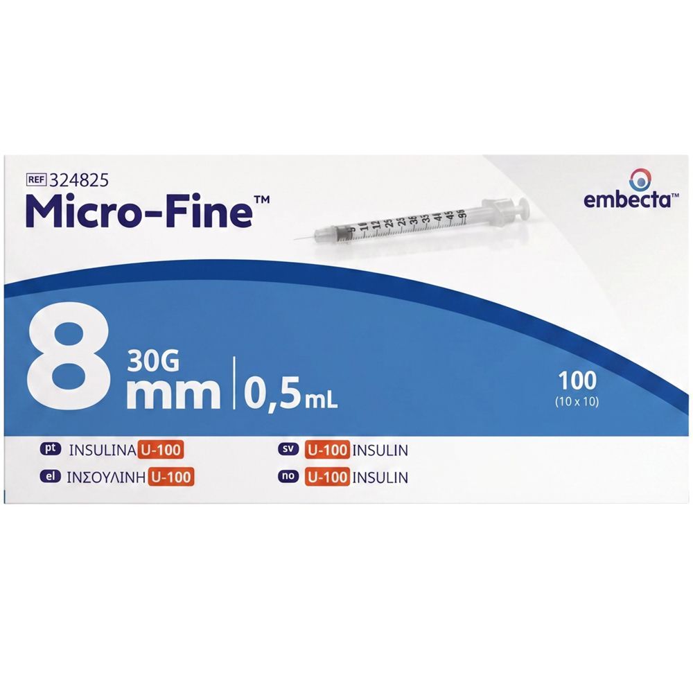 Verpackung mit 100 Embecta Micro-Fine Insulinspritzen, 0,5 ml, 30G, 8 mm.