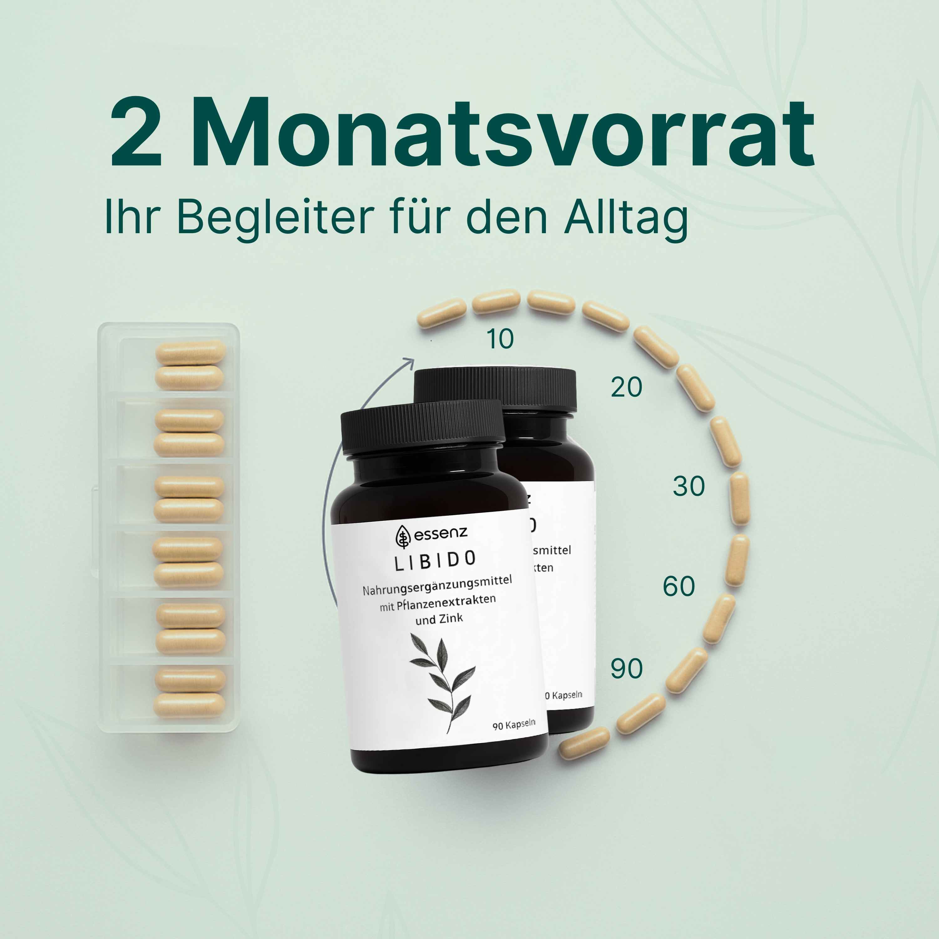 Zwei Flaschen ESSENZ Libido Kapseln und eine Pillendose, 2 Monatsvorrat, 90 Kapseln.