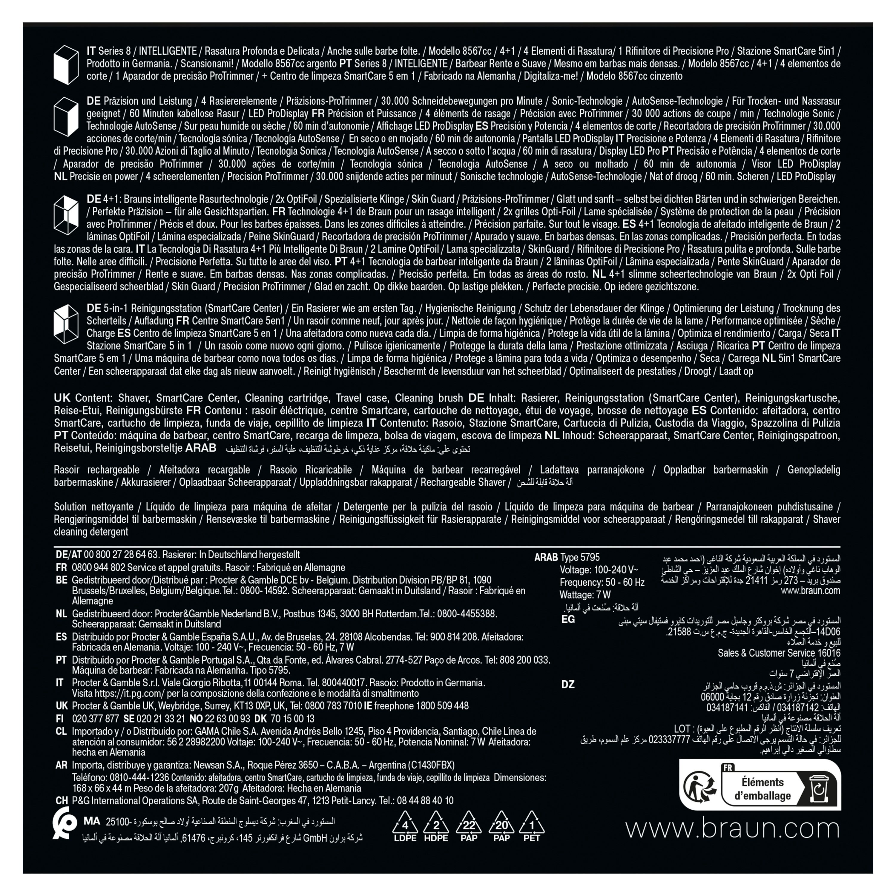 Produktinformationen auf schwarzem Hintergrund. Text in mehreren Sprachen. Marke: Braun. Informationen zu Rasierer.