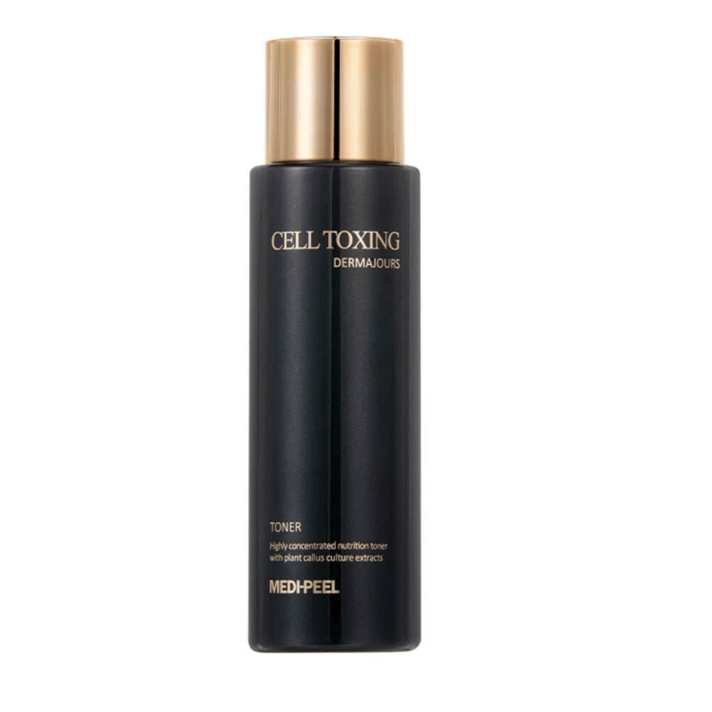 Schwarze Flasche mit goldener Kappe. Aufschrift: CELL TOXING DERMAJOURS, TONER, MEDI-PEEL.