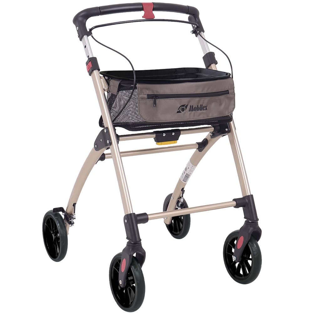 Leichtgewichtiger Rollator in Goldmetallic mit schwarzer Tasche und vier Rädern.