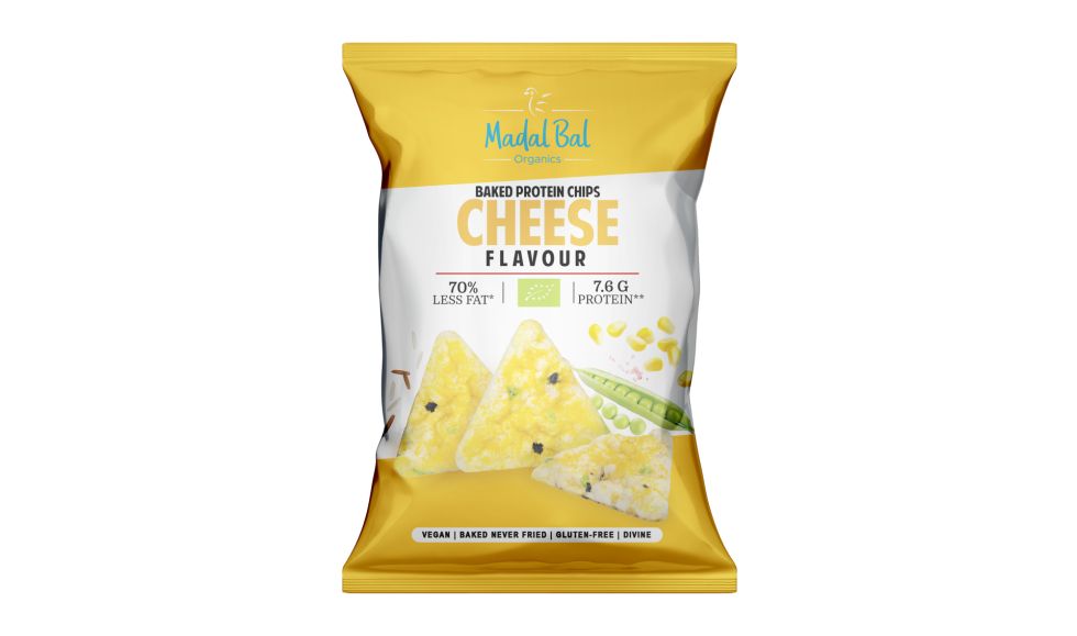 Gelbe Tüte mit Aufschrift "Cheese Flavour". Enthält Protein Chips. Logo "Mudal Bal". Kennzeichnung "70% weniger Fett".