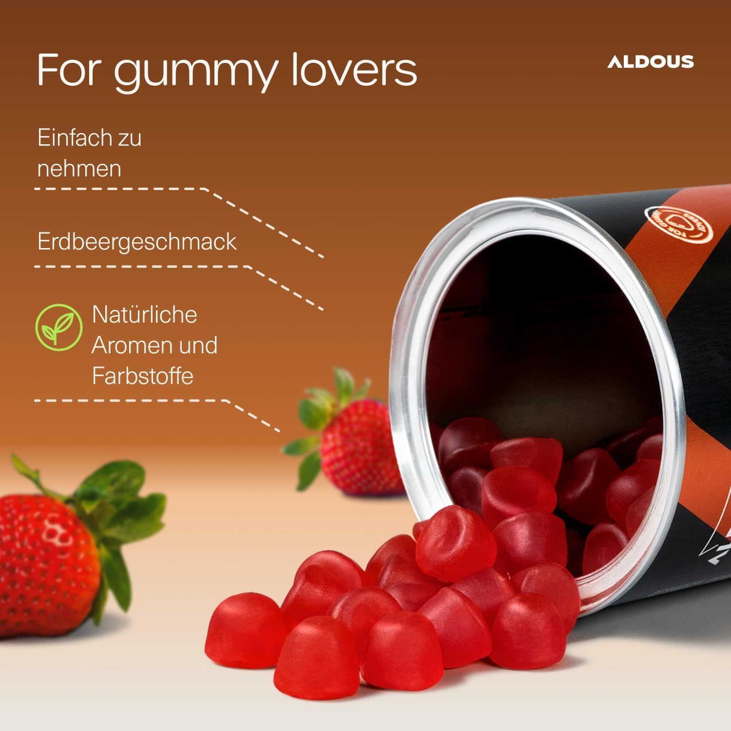 Rote Gummibärchen in Herzform, aus einer Dose gekippt. Erdbeergeschmack, natürliche Aromen und Farbstoffe.