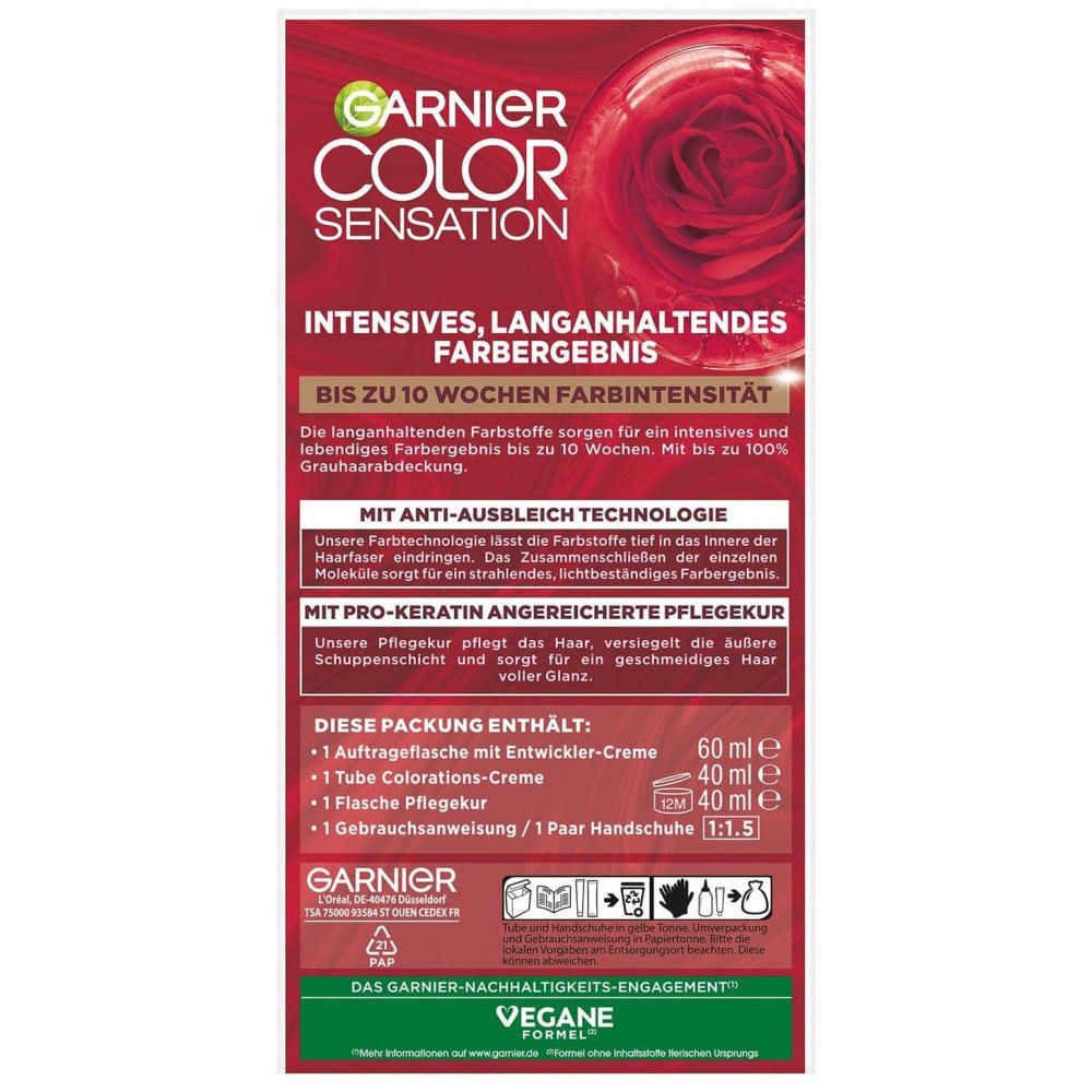 Garnier Color Sensation Haarfarben-Verpackung mit detaillierten Anwendungsinformationen und Inhaltsangaben.