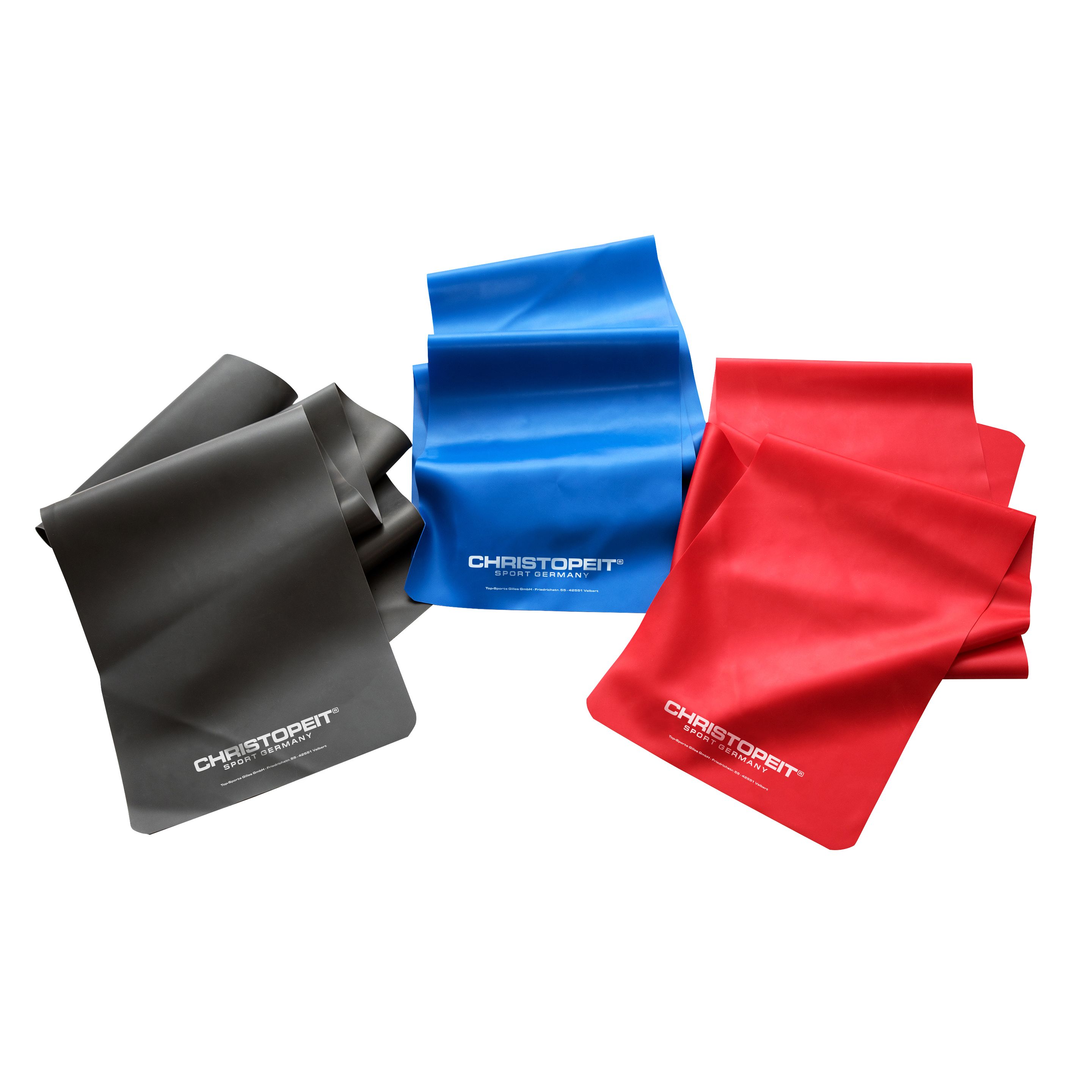 Drei Gymnastikbänder in Schwarz, Blau und Rot. Jedes Band hat den Markennamen CHRISTOPEIT SPORT.