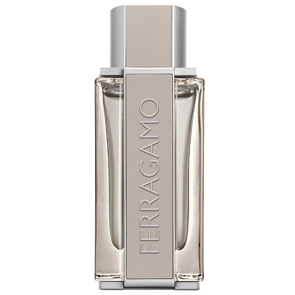 Parfümflasche. Hellbraune Flasche mit silbernem Deckel. Vertikale Schriftzüge auf der Flasche.