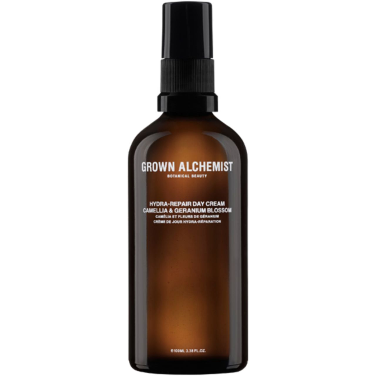 Braune Glasflasche mit schwarzem Sprühkopf. Aufschrift: Grown Alchemist, Hydra-Repair Day Cream.