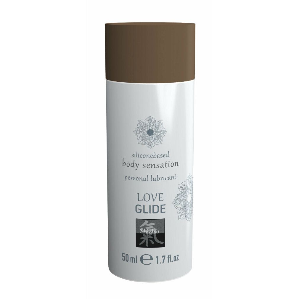 Zylindrische Flasche mit braunem Deckel. Aufschrift: "siliconebased body sensation personal lubricant LOVE GLIDE".
