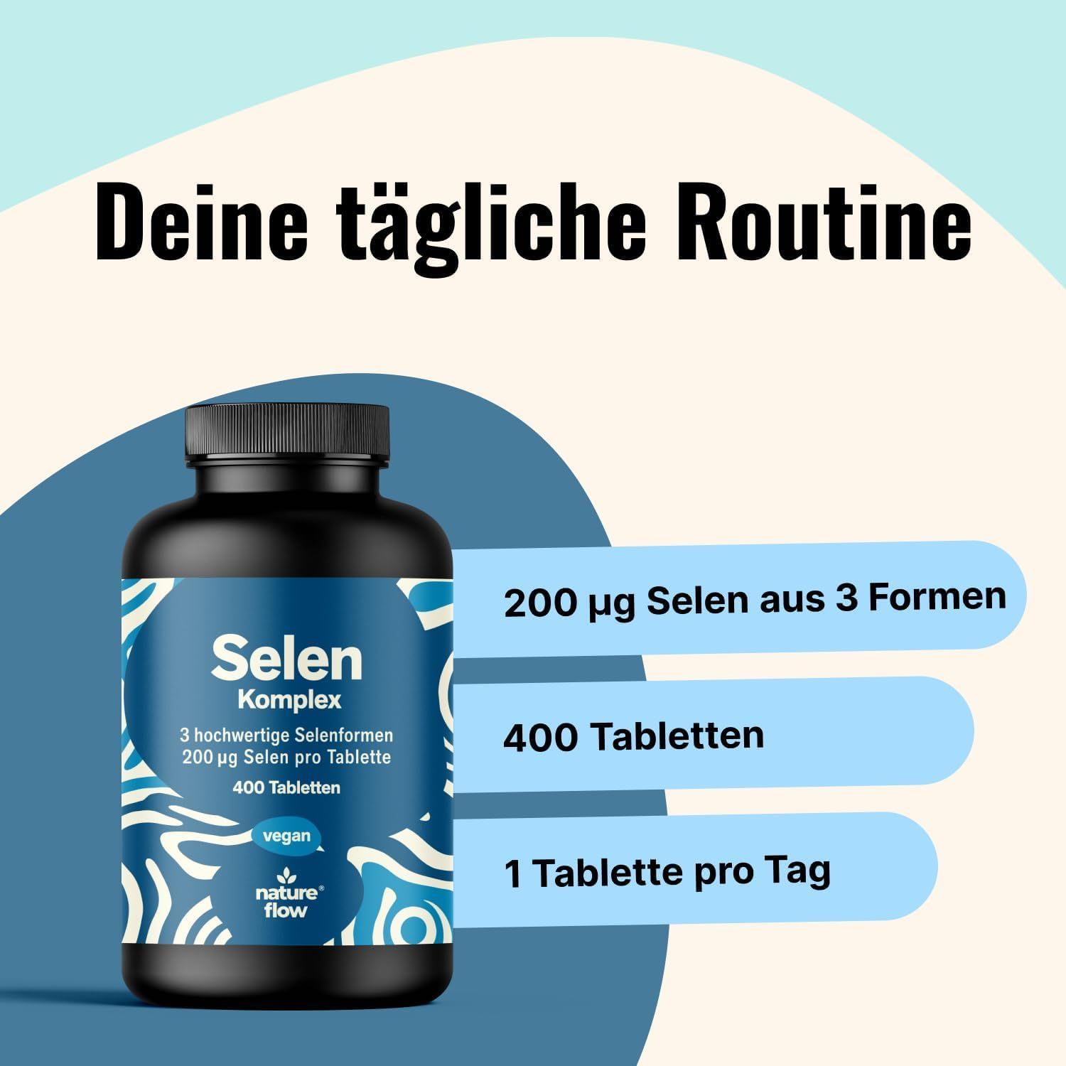 Produktflasche. Text: Deine tägliche Routine. Blaue Balken mit Text: 200 µg Selen aus 3 Formen, 400 Tabletten, 1 Tablette pro Tag.