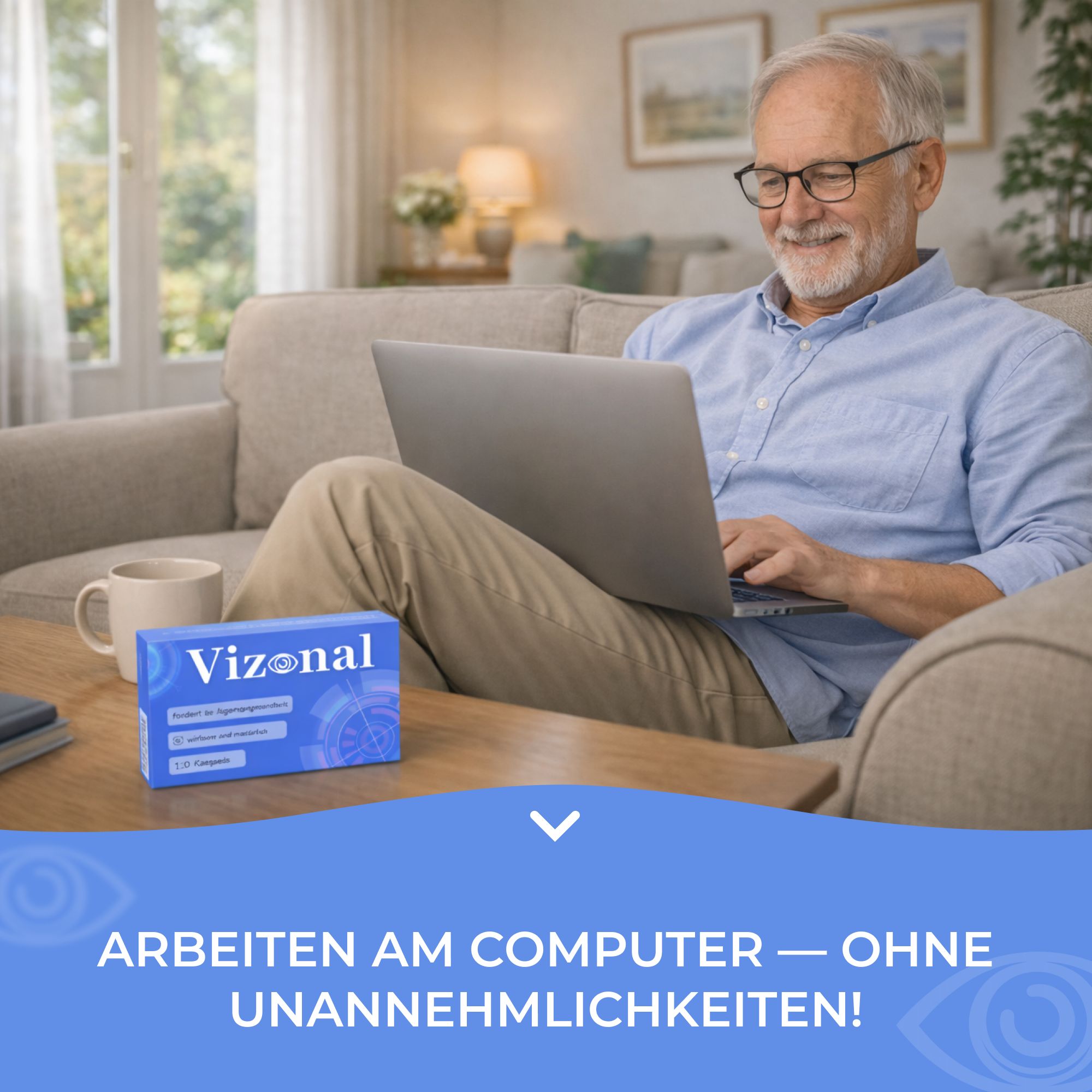 Älterer Mann sitzt am Laptop, neben ihm eine blaue "Vizonal"-Schachtel. Text: "Arbeiten am Computer - ohne Unannehmlichkeiten!"