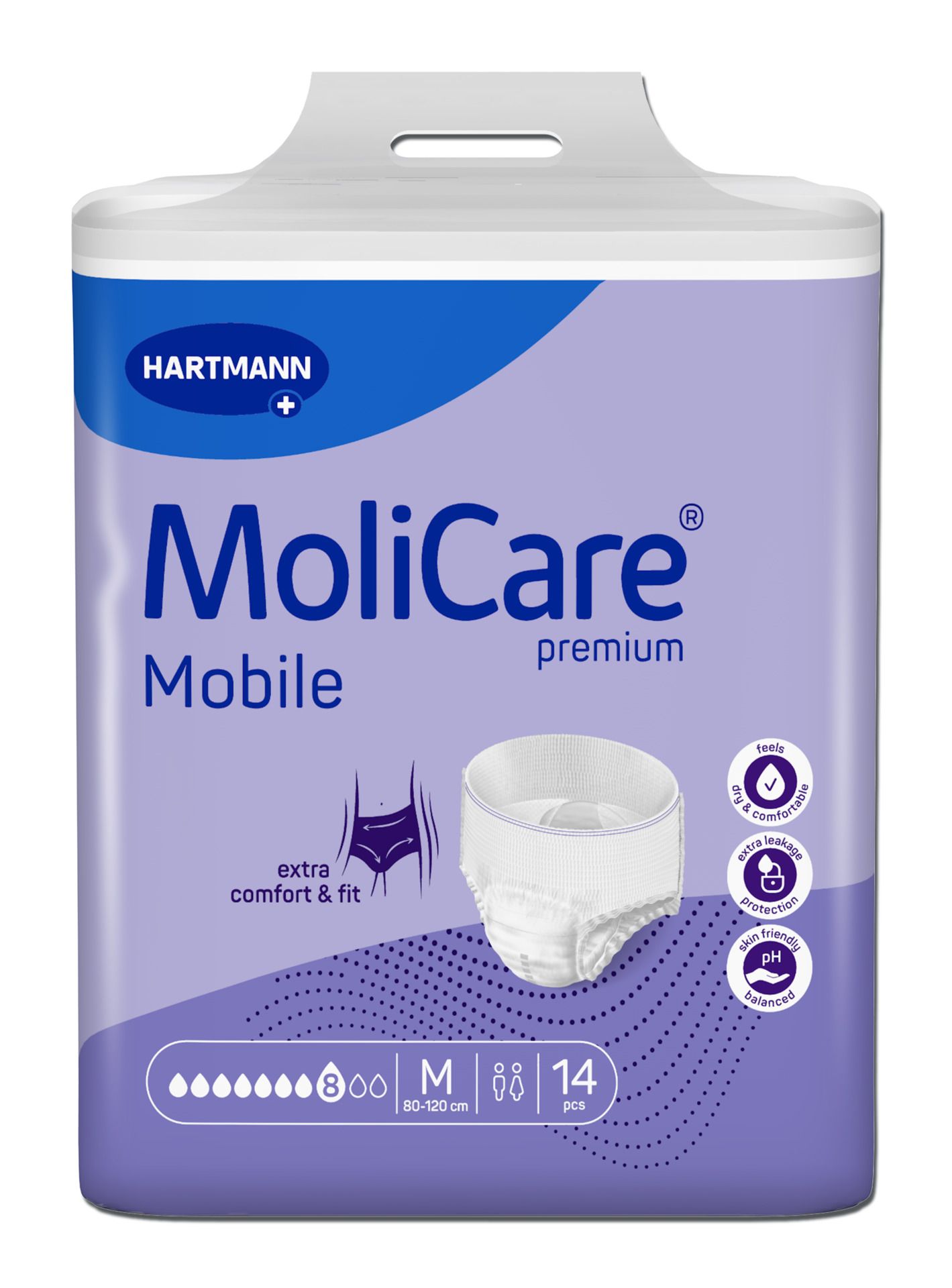 Verpackung MoliCare Mobile Premium. Lila Hintergrund. Produktname, Marke Hartmann. 14 Stück, Größe M, 80-120 cm. Zusätzlicher Komfort und Schutz.