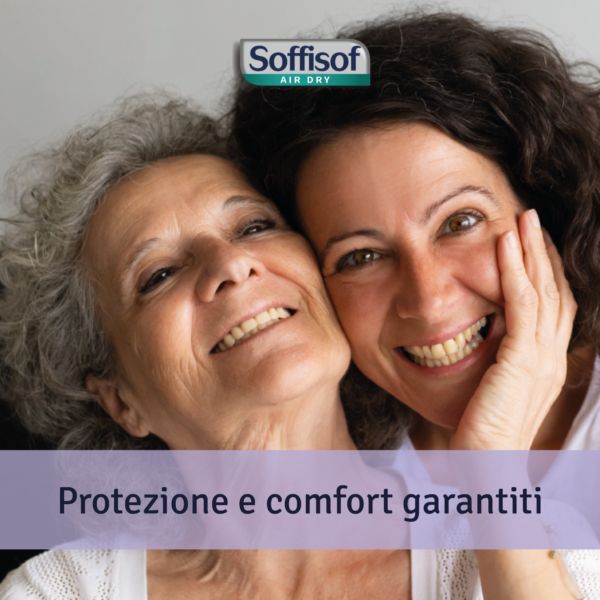 Due donne sorridenti. Testo: Protezione e comfort garantiti. Logo: Soffisof Air Dry.