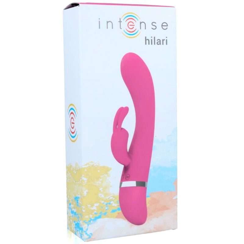 Produktverpackung mit rosa Vibrator-Abbildung. Aufschrift: Intense hilari. Weißer Hintergrund.