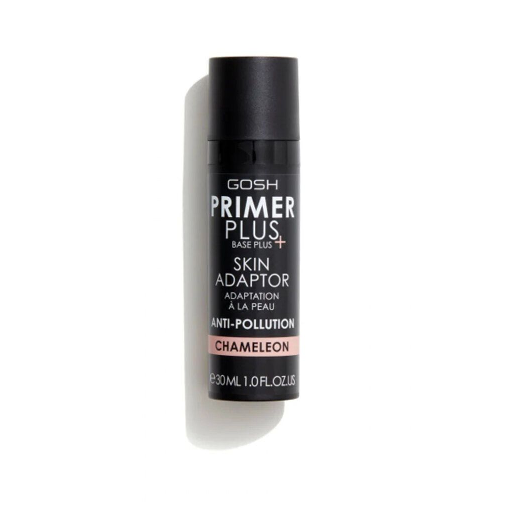 Schwarze Flasche mit Gosh Primer Plus+. Skin Adaptor, Anti-Pollution, Chameleon. 30 ml.