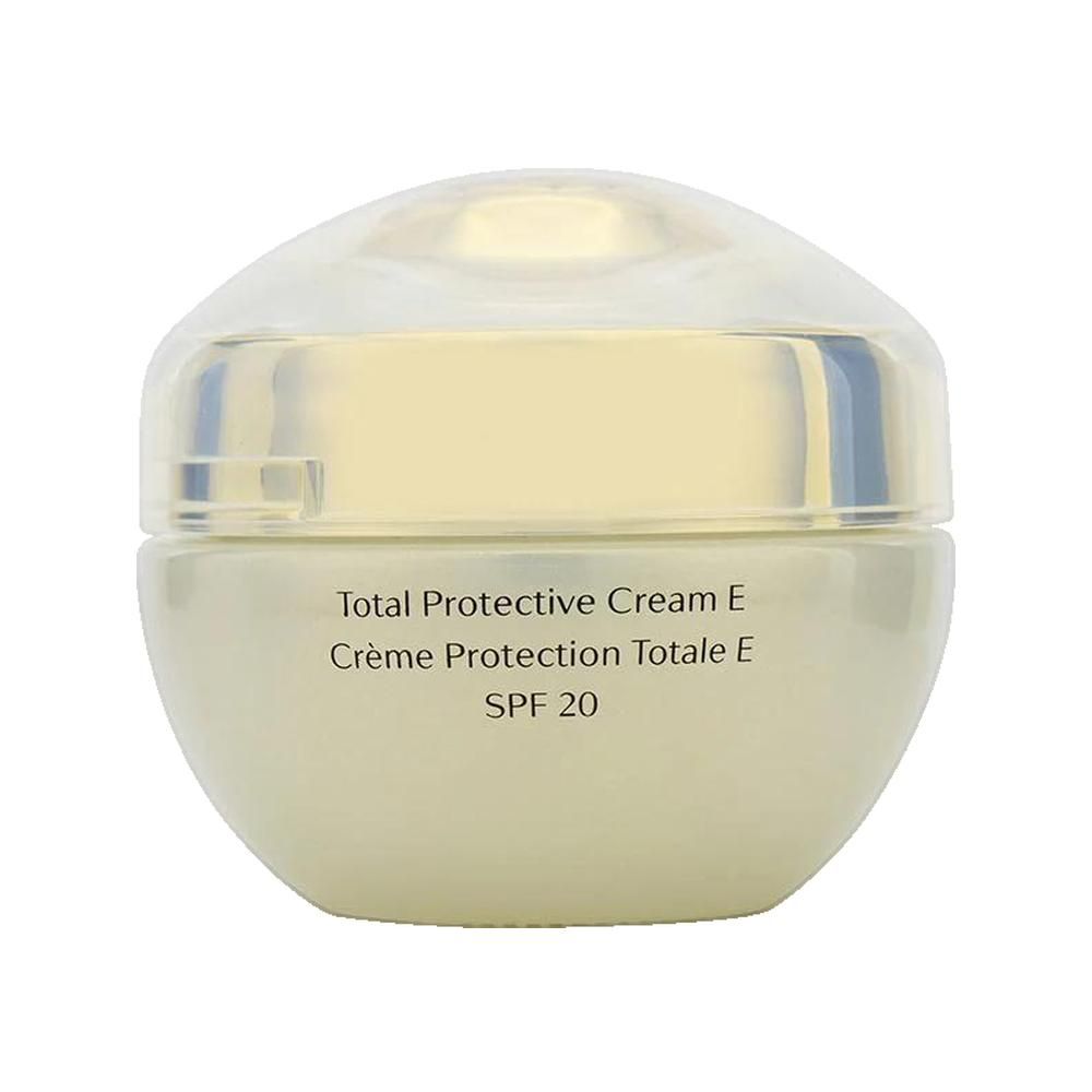 Cremebehälter mit Deckel. Aufschrift: Total Protective Cream E, Crème Protection Totale E, SPF 20.